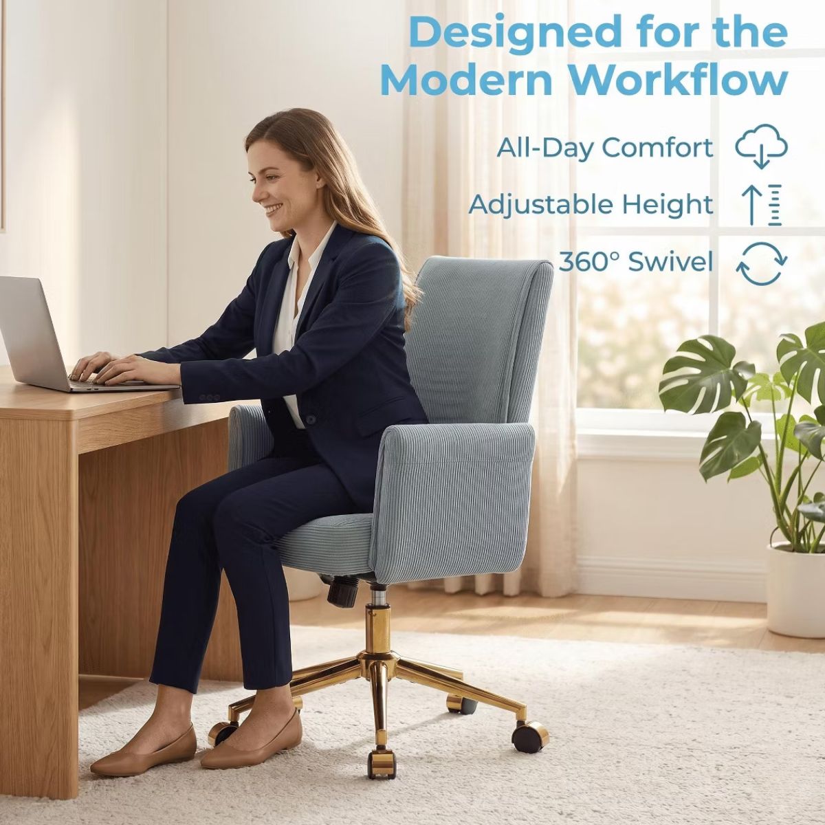 Ergonomic Fabric Office Chair with Lumbar Support, Gold Base & Adjustable Height