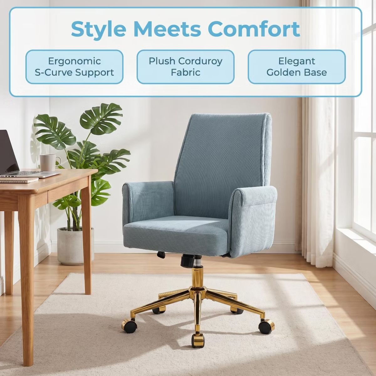 Ergonomic Fabric Office Chair with Lumbar Support, Gold Base & Adjustable Height