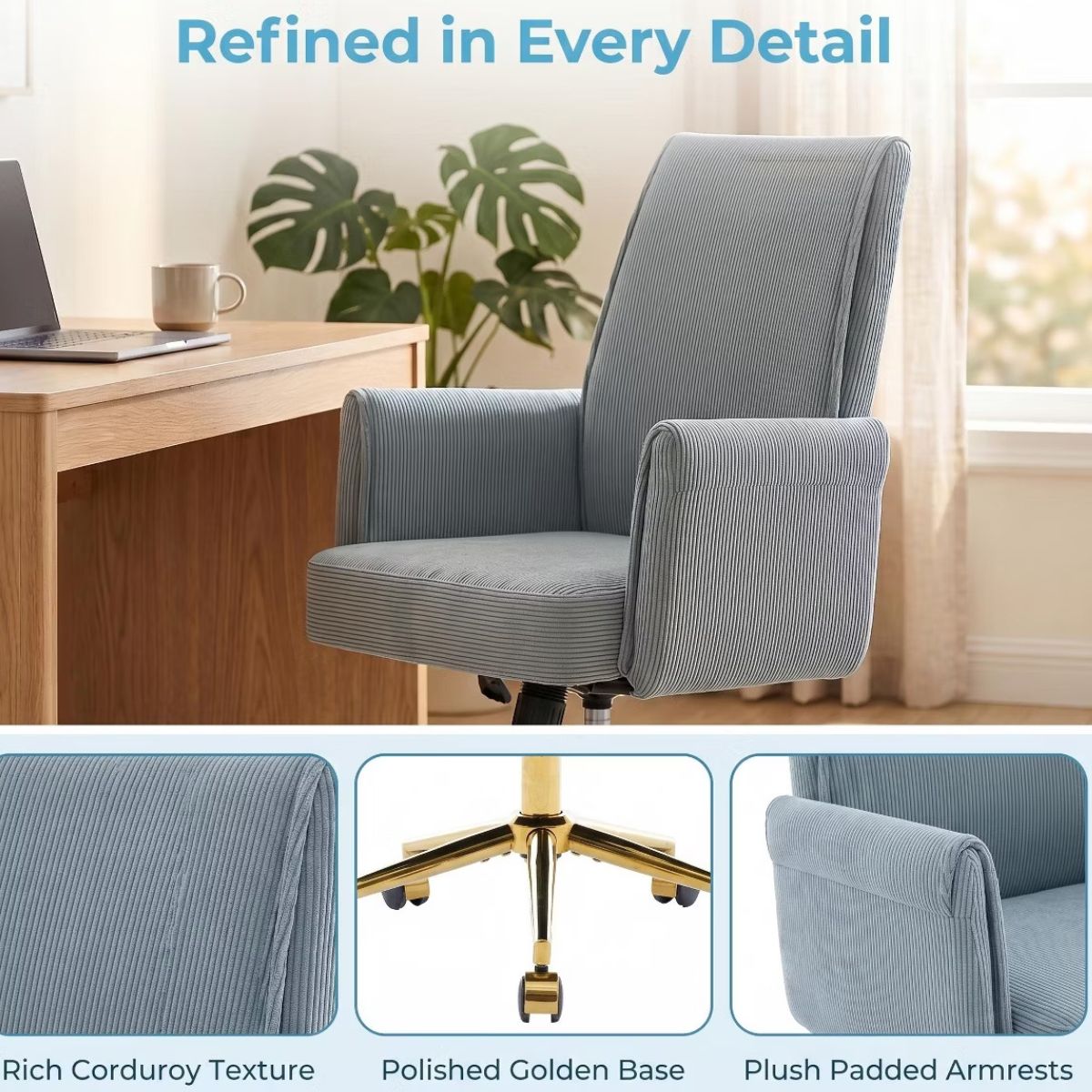Ergonomic Fabric Office Chair with Lumbar Support, Gold Base & Adjustable Height