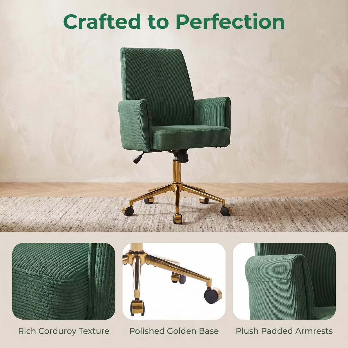 Ergonomic Fabric Office Chair with Lumbar Support, Gold Base & Adjustable Height