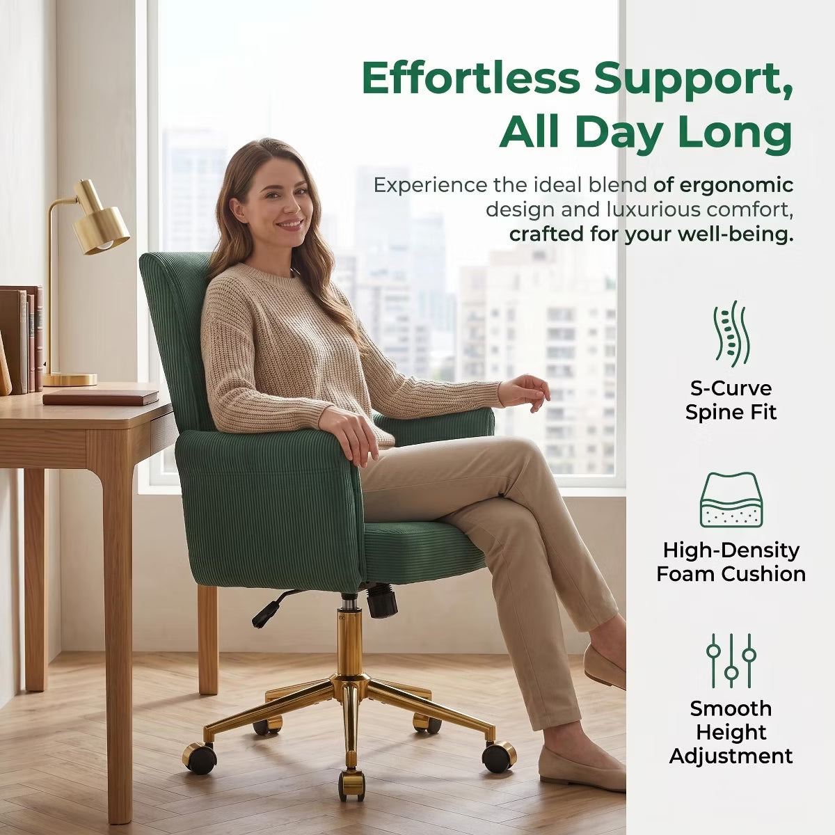 Ergonomic Fabric Office Chair with Lumbar Support, Gold Base & Adjustable Height
