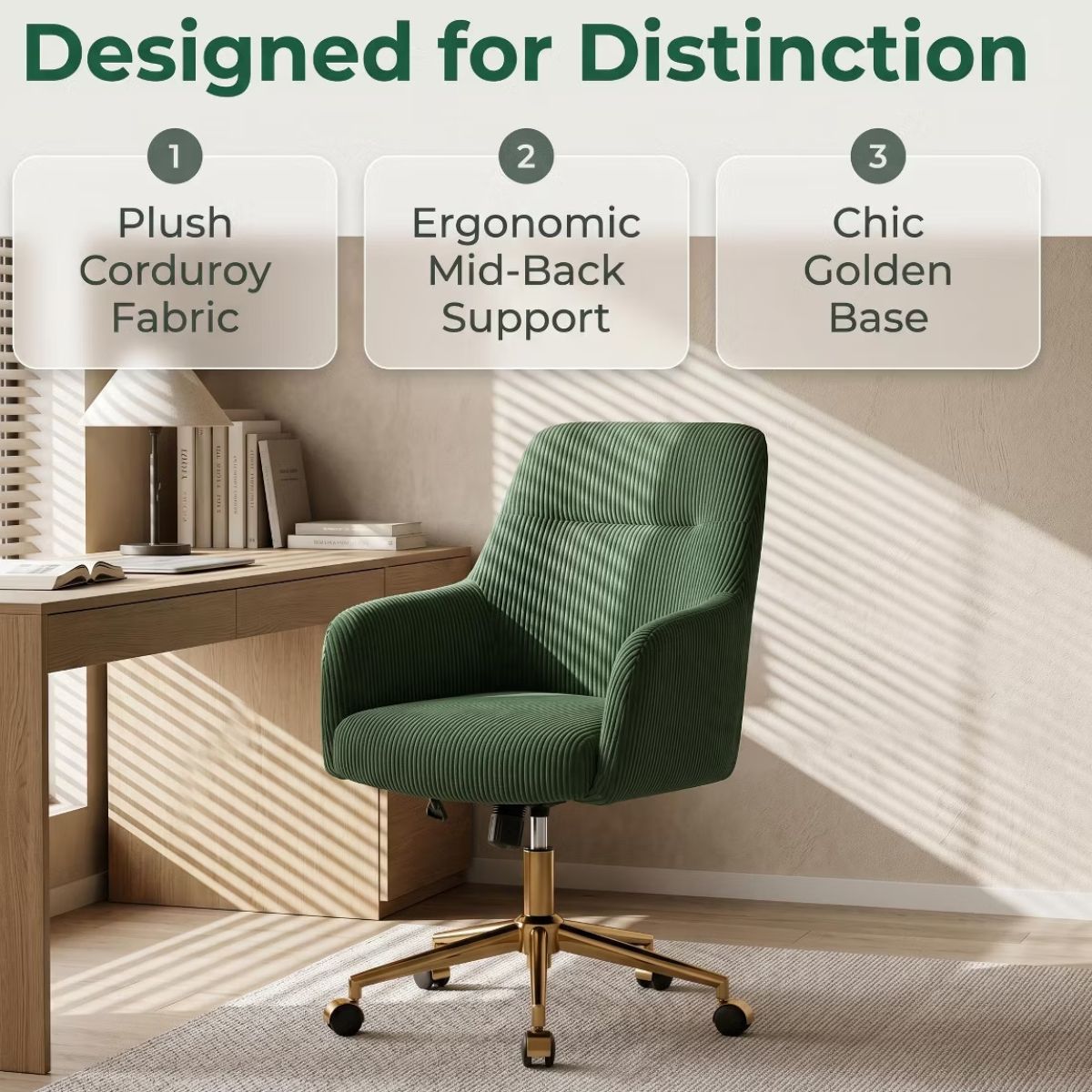 Ergonomic Fabric Office Chair with Lumbar Support, Gold Base & Adjustable Height