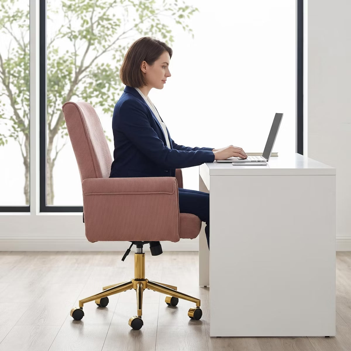 Ergonomic Fabric Office Chair with Lumbar Support, Gold Base & Adjustable Height