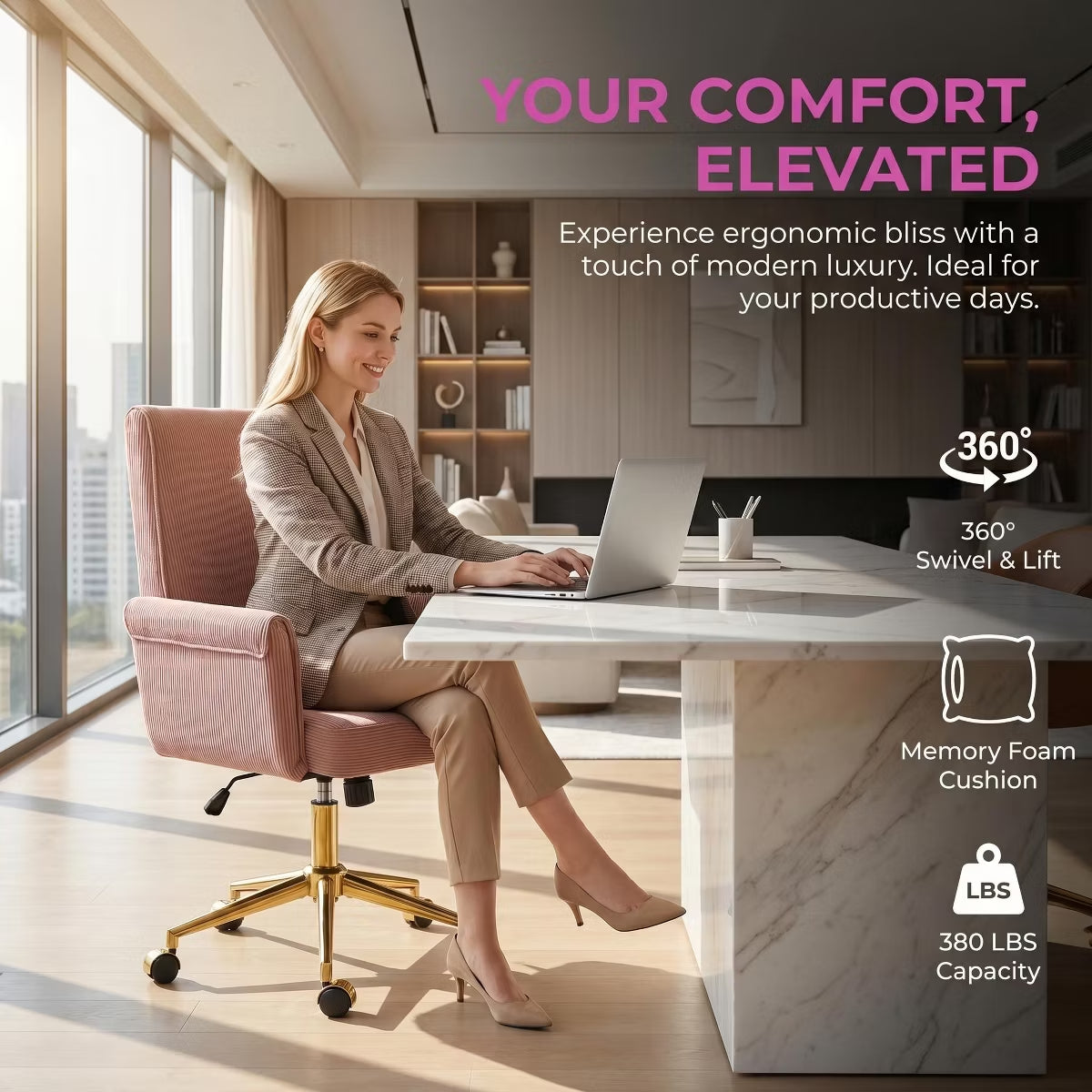 Ergonomic Fabric Office Chair with Lumbar Support, Gold Base & Adjustable Height
