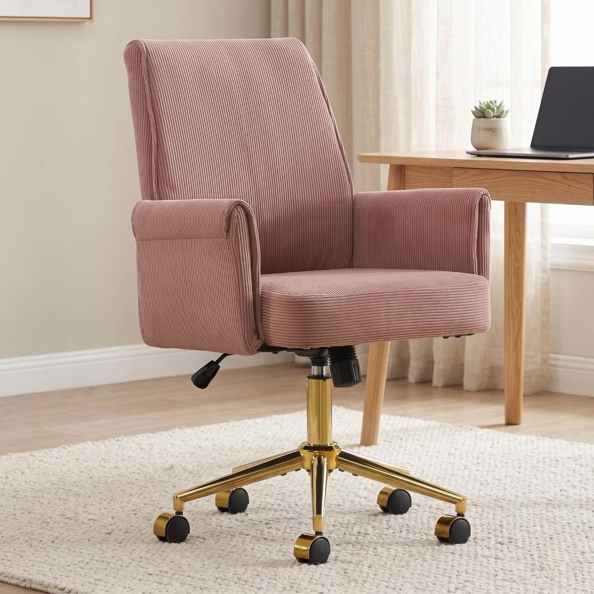 Ergonomic Fabric Office Chair with Lumbar Support, Gold Base & Adjustable Height