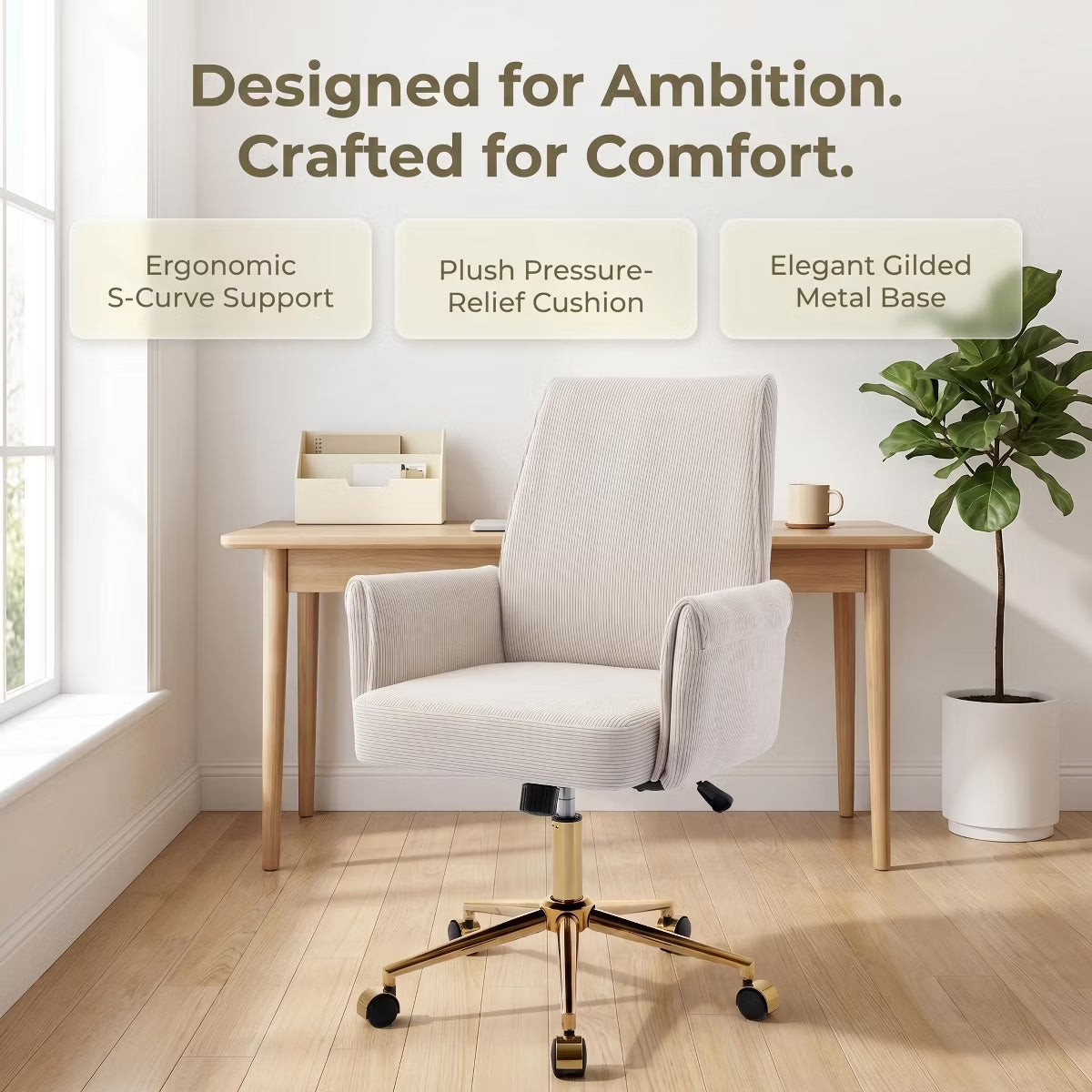 Ergonomic Fabric Office Chair with Lumbar Support, Gold Base & Adjustable Height