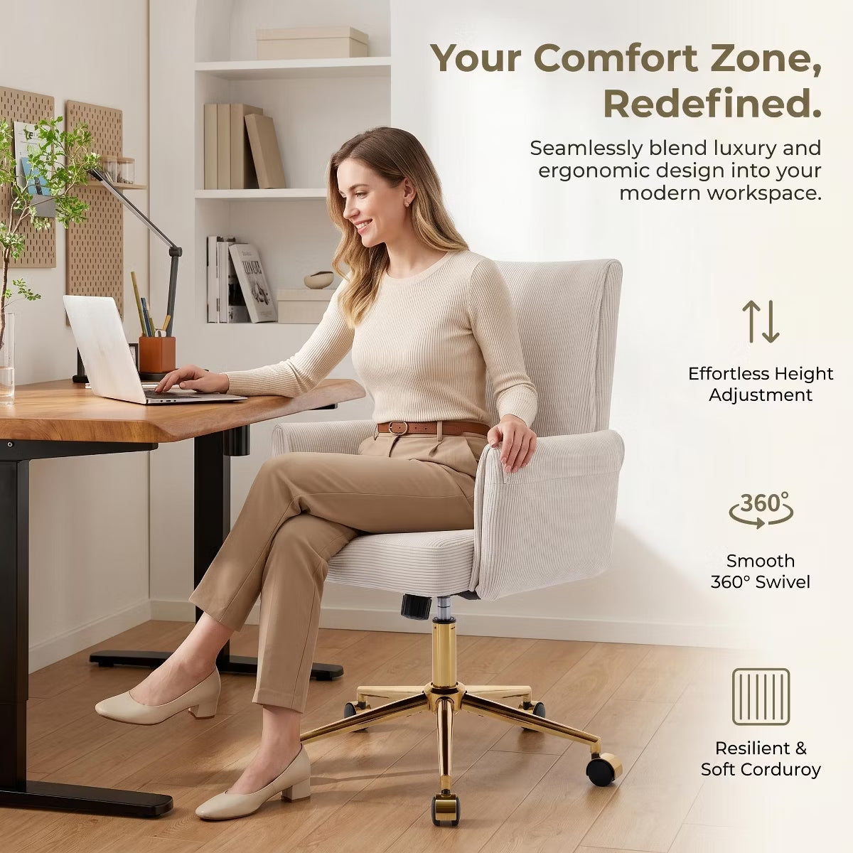 Ergonomic Fabric Office Chair with Lumbar Support, Gold Base & Adjustable Height