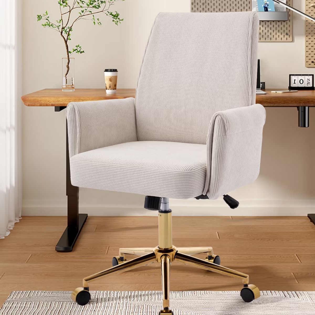 Ergonomic Fabric Office Chair with Lumbar Support, Gold Base & Adjustable Height