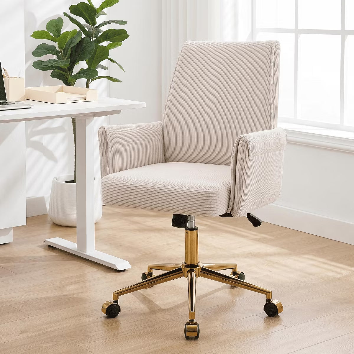 Ergonomic Fabric Office Chair with Lumbar Support, Gold Base & Adjustable Height