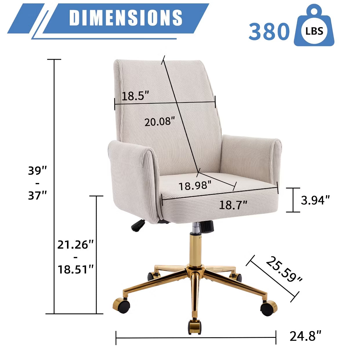 Ergonomic Fabric Office Chair with Lumbar Support, Gold Base & Adjustable Height