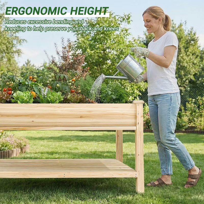 Raised Garden Bed Elevated Wood Planter with Storage Shelf & Water Tray – Outdoor Herb, Vegetable & Flower Planter for Balcony Patio