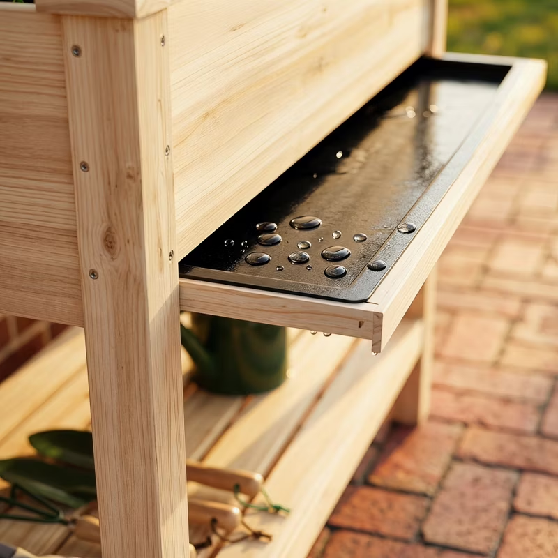 Raised Garden Bed Elevated Wood Planter with Storage Shelf & Water Tray – Outdoor Herb, Vegetable & Flower Planter for Balcony Patio