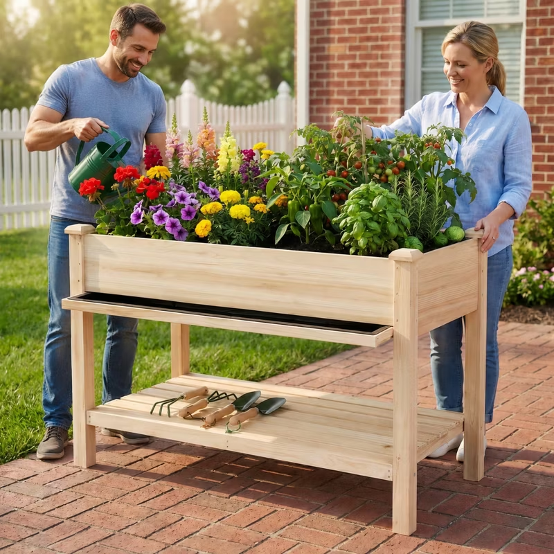 Raised Garden Bed Elevated Wood Planter with Storage Shelf & Water Tray – Outdoor Herb, Vegetable & Flower Planter for Balcony Patio