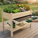 Raised Garden Bed Elevated Wood Planter with Storage Shelf & Water Tray – Outdoor Herb, Vegetable & Flower Planter for Balcony Patio