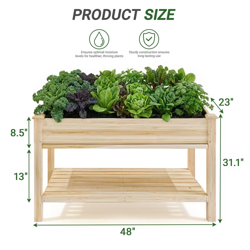 Raised Garden Bed Elevated Wood Planter with Storage Shelf & Water Tray – Outdoor Herb, Vegetable & Flower Planter for Balcony Patio