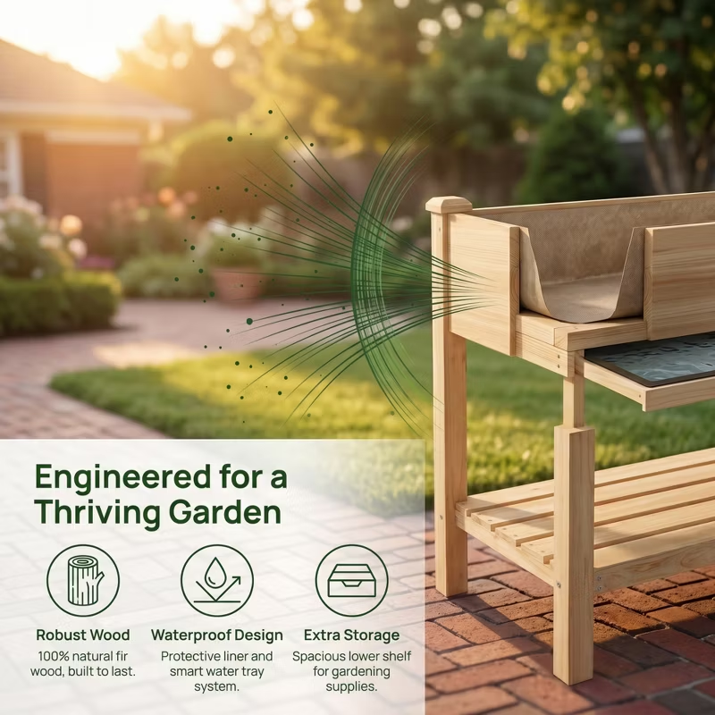 Raised Garden Bed Elevated Wood Planter with Storage Shelf & Water Tray – Outdoor Herb, Vegetable & Flower Planter for Balcony Patio