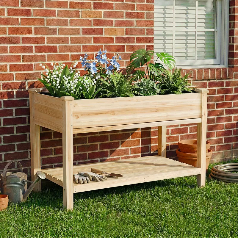 Raised Garden Bed Elevated Wood Planter with Storage Shelf & Water Tray – Outdoor Herb, Vegetable & Flower Planter for Balcony Patio
