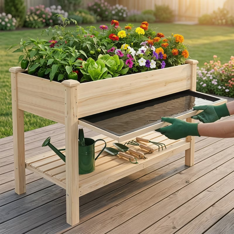 Raised Garden Bed Elevated Wood Planter with Storage Shelf & Water Tray – Outdoor Herb, Vegetable & Flower Planter for Balcony Patio