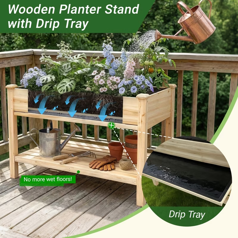 Raised Garden Bed Elevated Wood Planter with Storage Shelf & Water Tray – Outdoor Herb, Vegetable & Flower Planter for Balcony Patio