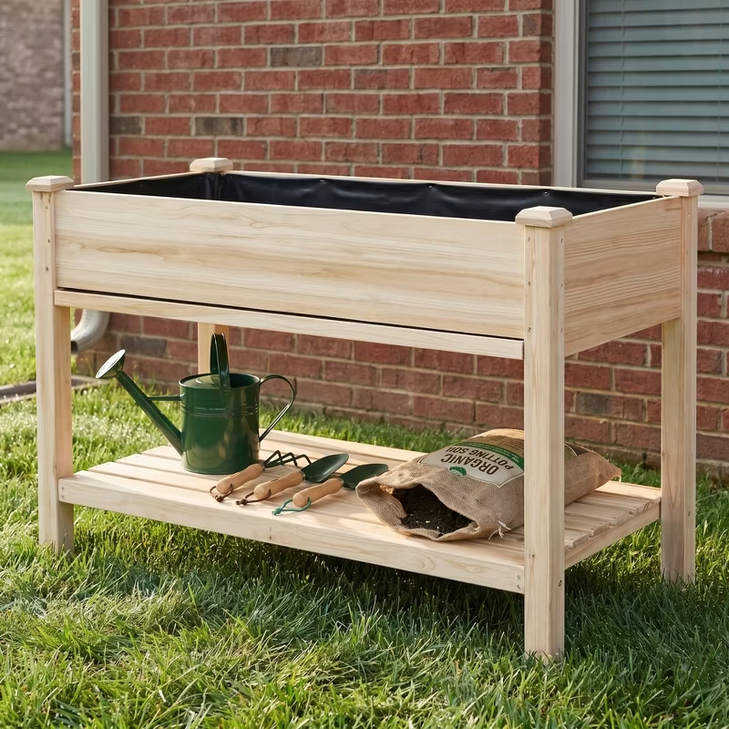 Raised Garden Bed Elevated Wood Planter with Storage Shelf & Water Tray – Outdoor Herb, Vegetable & Flower Planter for Balcony Patio