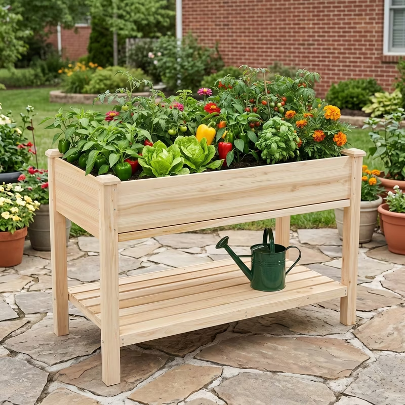 Raised Garden Bed Elevated Wood Planter with Storage Shelf & Water Tray – Outdoor Herb, Vegetable & Flower Planter for Balcony Patio