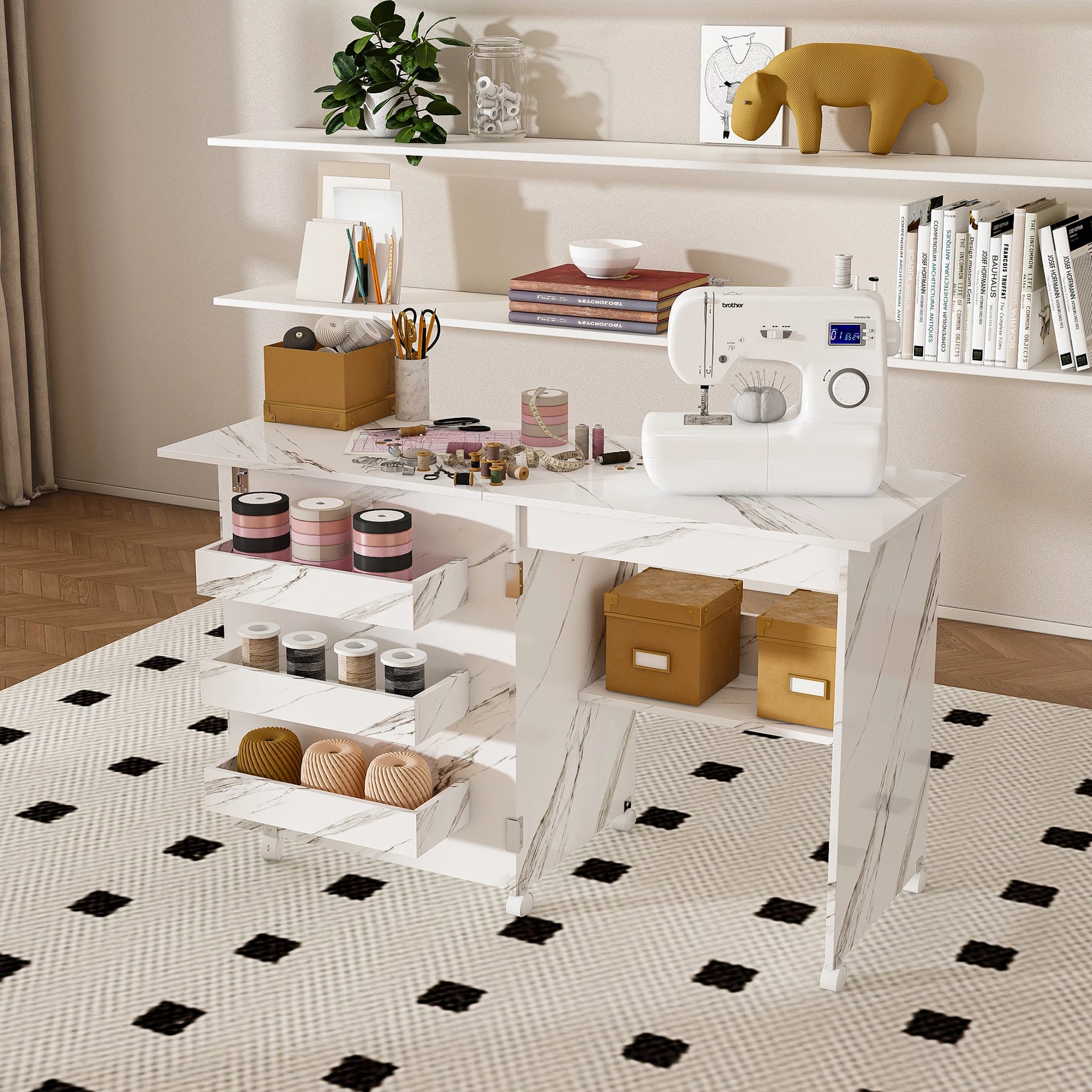 4-in-1 Folding Sewing Table: Rolling Craft Station & Workstation Desk