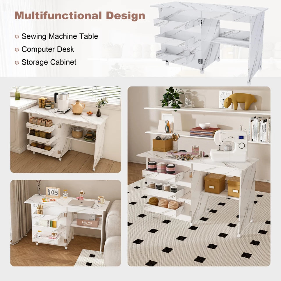 4-in-1 Folding Sewing Table: Rolling Craft Station & Workstation Desk