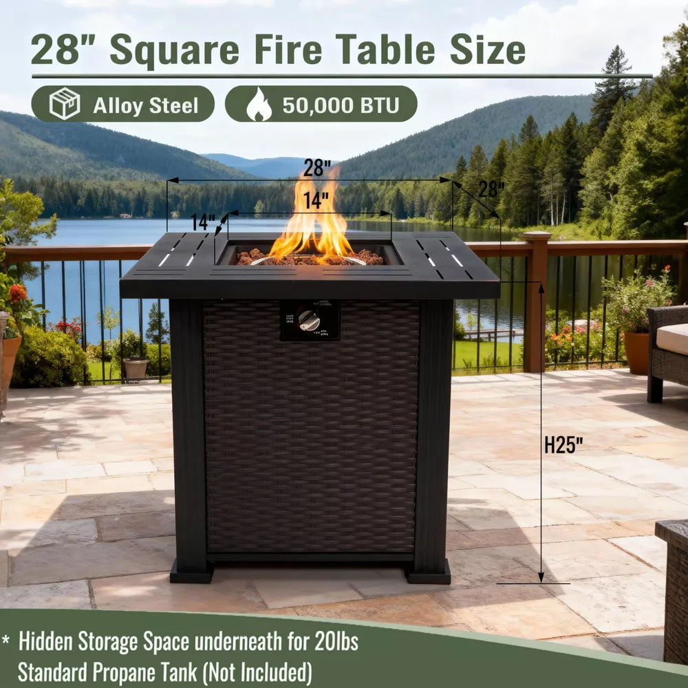 28-Inch Square Propane Fire Pit: 50,000 BTU Outdoor Steel Table