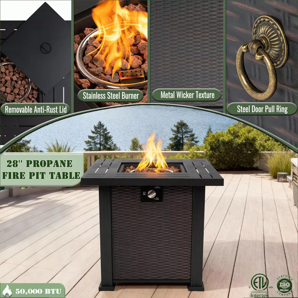 28-Inch Square Propane Fire Pit: 50,000 BTU Outdoor Steel Table