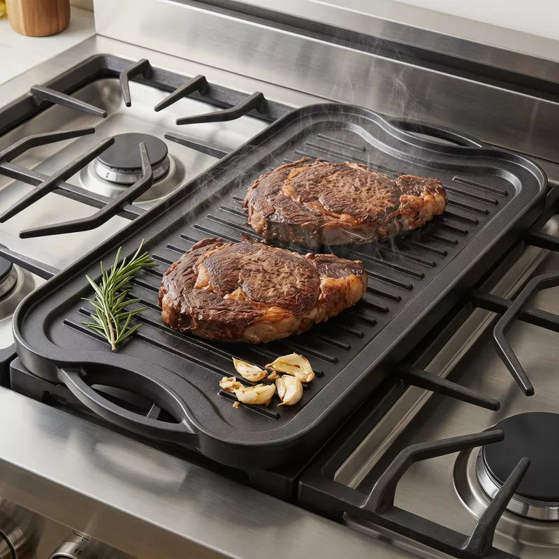 Pre-Seasoned Cast Iron Reversible Grill Griddle, Dual-Sided Indoor Outdoor Cooktop