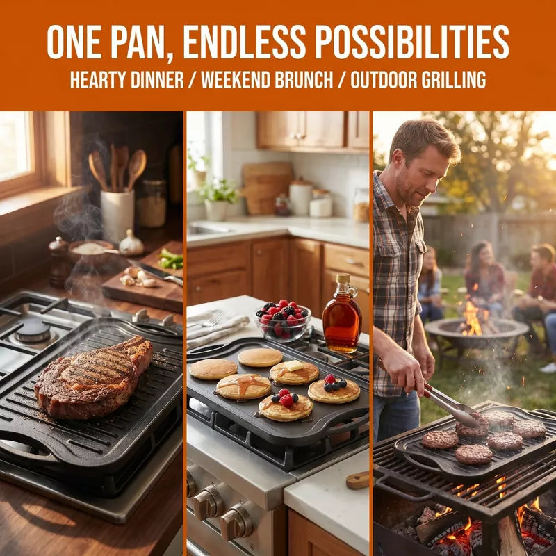 Pre-Seasoned Cast Iron Reversible Grill Griddle, Dual-Sided Indoor Outdoor Cooktop