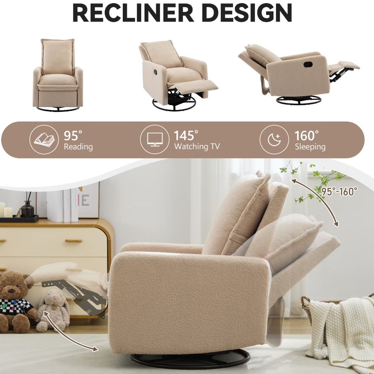 Swivel Rocking Recliner Chair for Nursery with 360° Comfort