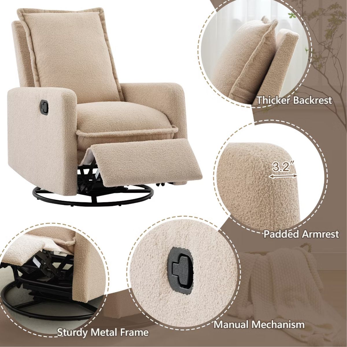 Swivel Rocking Recliner Chair for Nursery with 360° Comfort