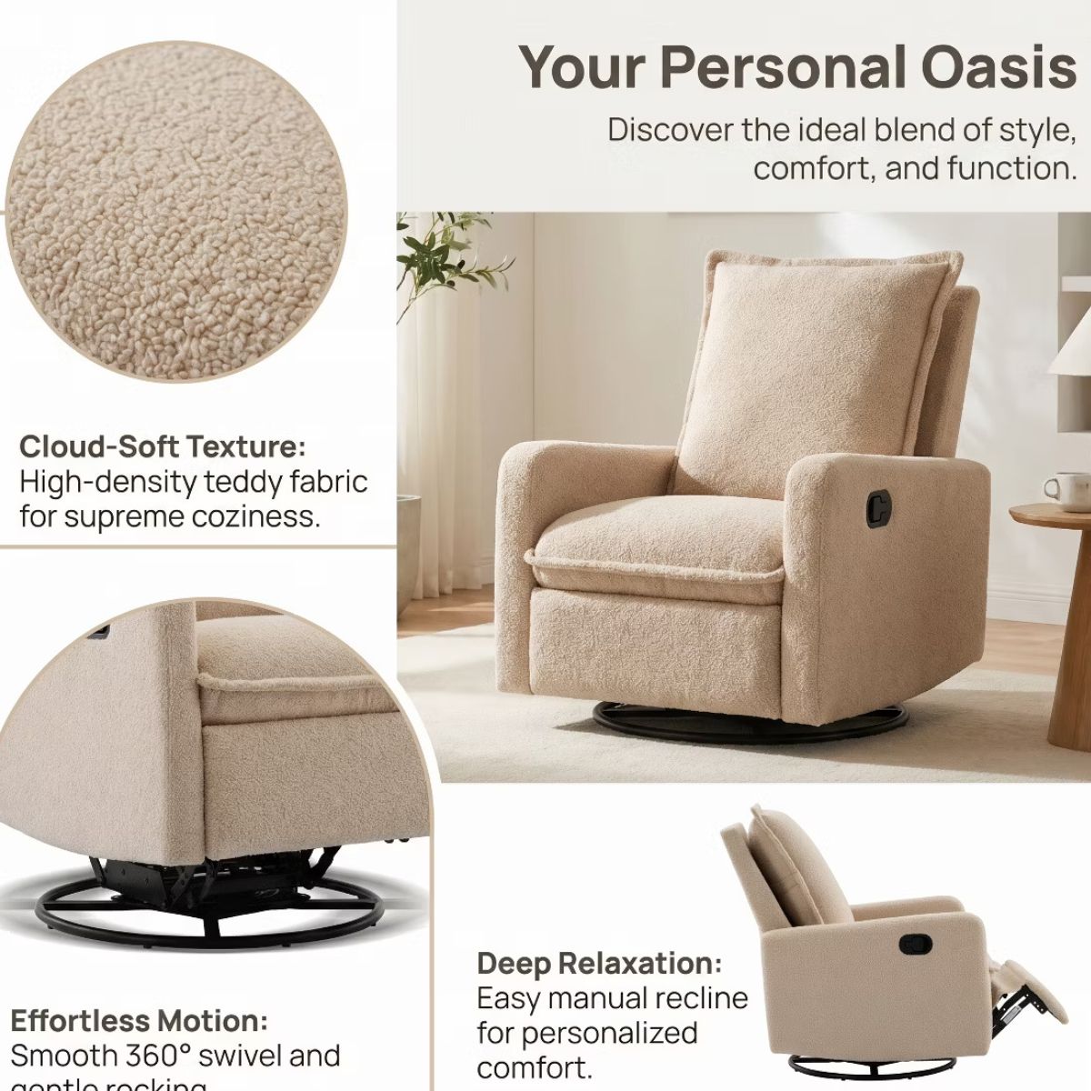 Swivel Rocking Recliner Chair for Nursery with 360° Comfort