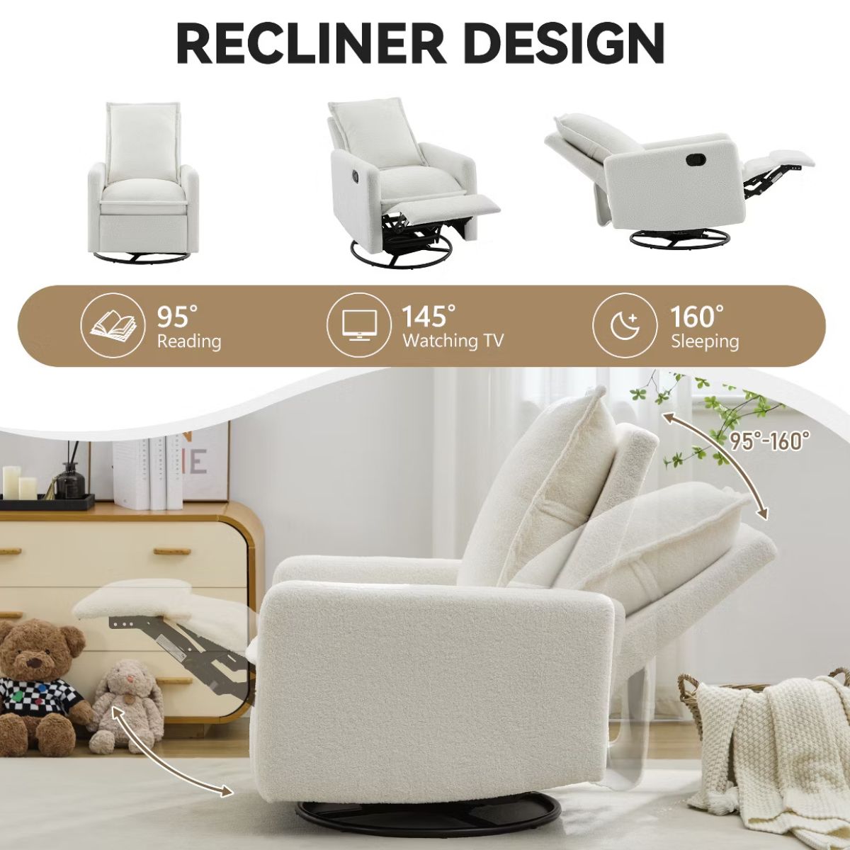 Swivel Rocking Recliner Chair for Nursery with 360° Comfort