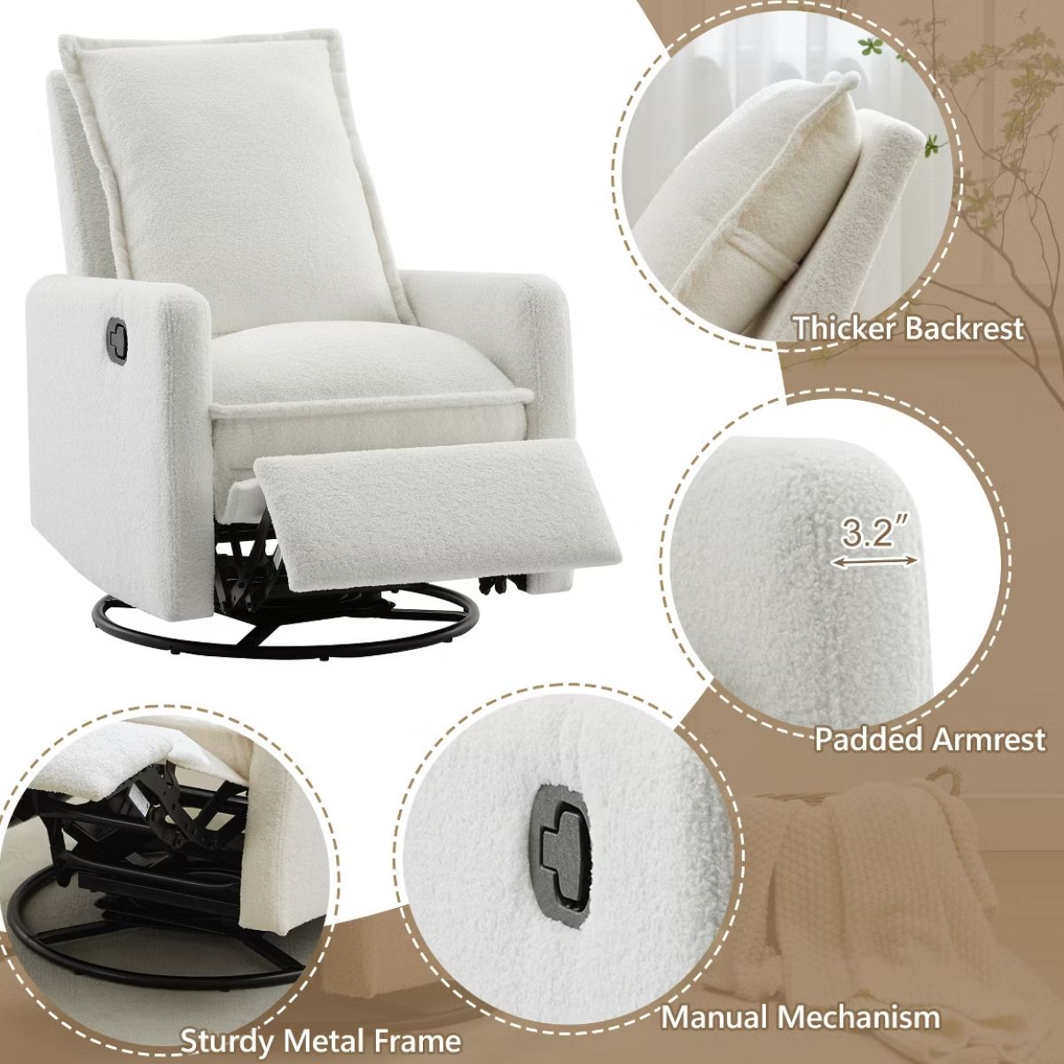 Swivel Rocking Recliner Chair for Nursery with 360° Comfort
