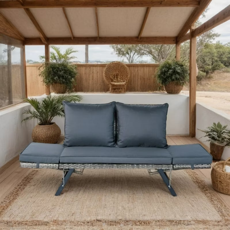 55” Outdoor Wicker Convertible Daybed Bench with Adjustable Armrests