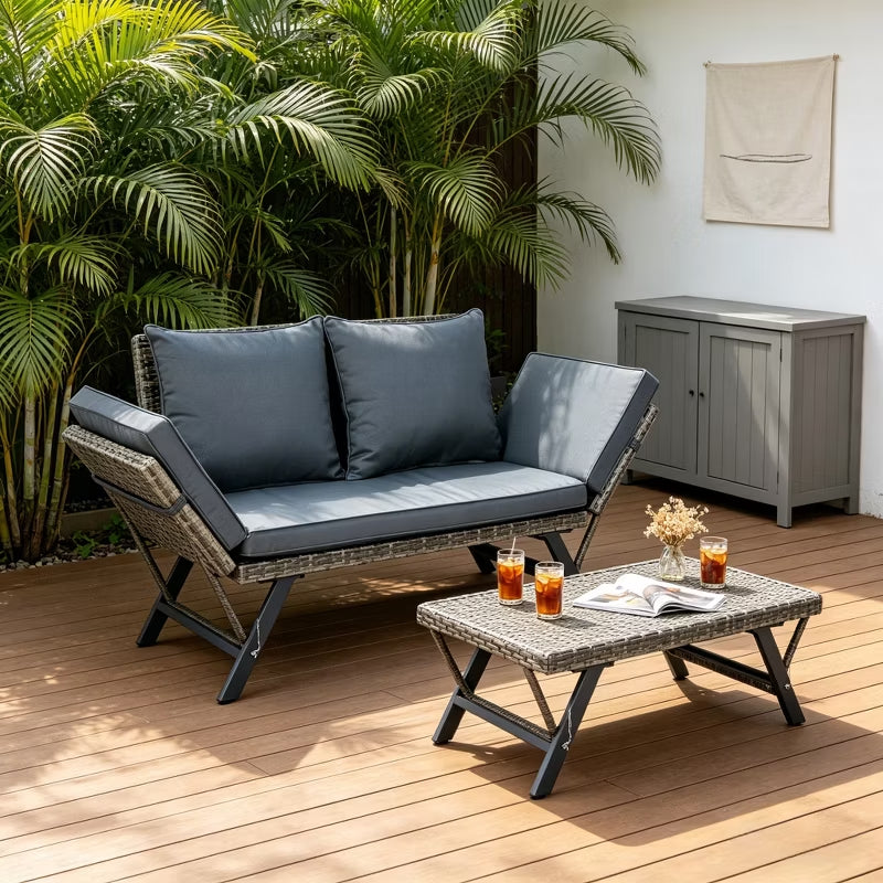 55” Outdoor Wicker Convertible Daybed Bench with Adjustable Armrests