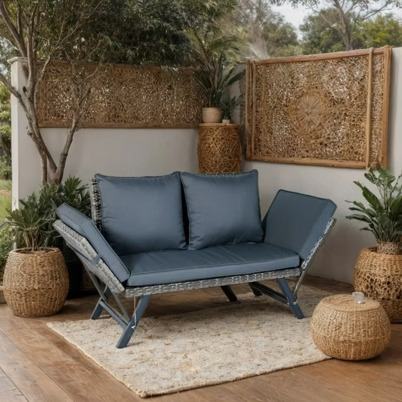 55” Outdoor Wicker Convertible Daybed Bench with Adjustable Armrests