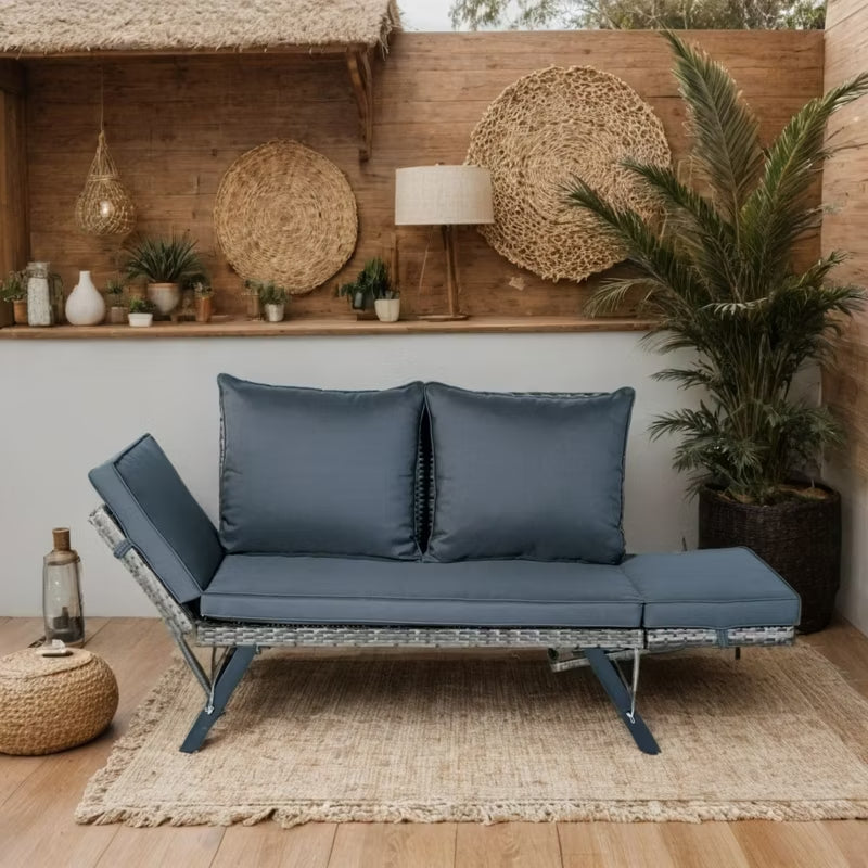 55” Outdoor Wicker Convertible Daybed Bench with Adjustable Armrests