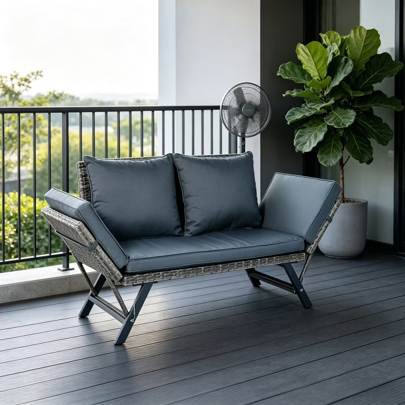 55” Outdoor Wicker Convertible Daybed Bench with Adjustable Armrests