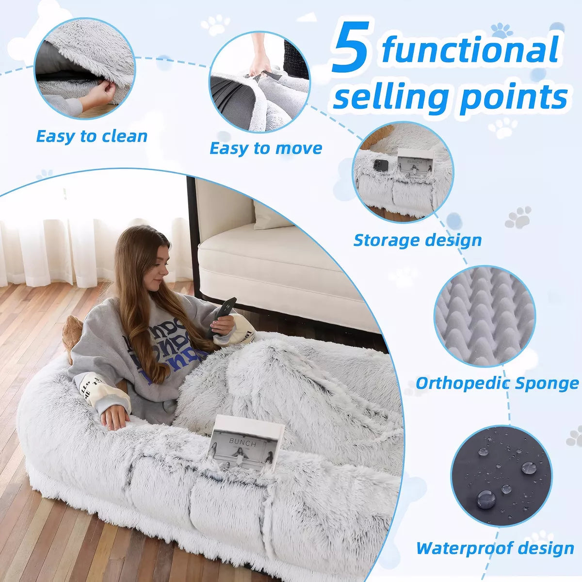 Human Dog Bed 71'' Orthopedic Faux Fur Washable Shared Pet Bed