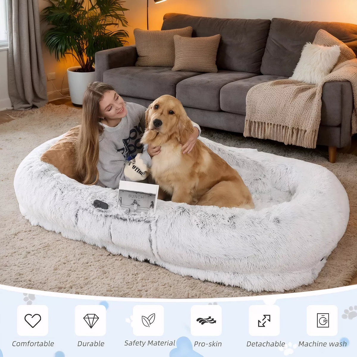 Human Dog Bed 71'' Orthopedic Faux Fur Washable Shared Pet Bed