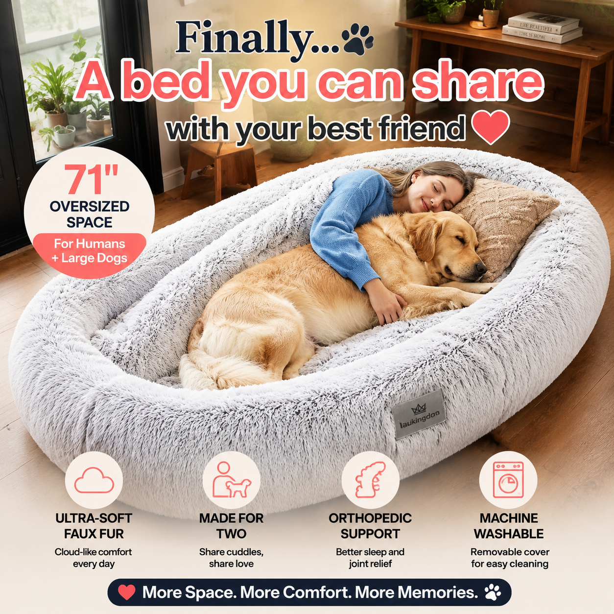 Human Dog Bed - 71" Oversized Washable Faux Fur Bed For Humans & Dogs