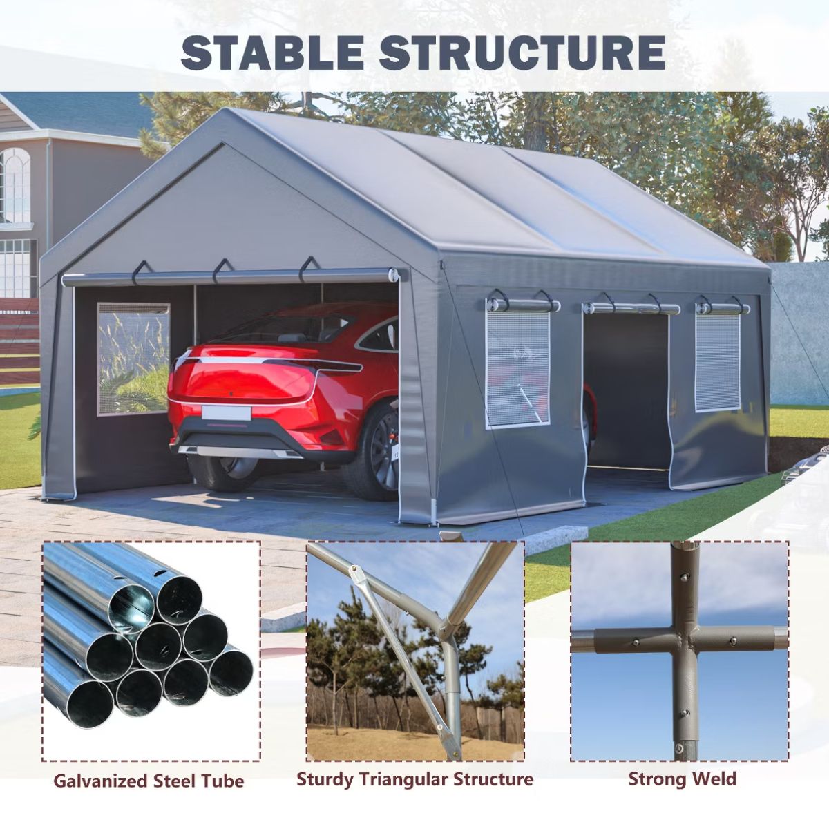 13x20 Heavy Duty Carport Canopy with Dual Roll-Up Doors