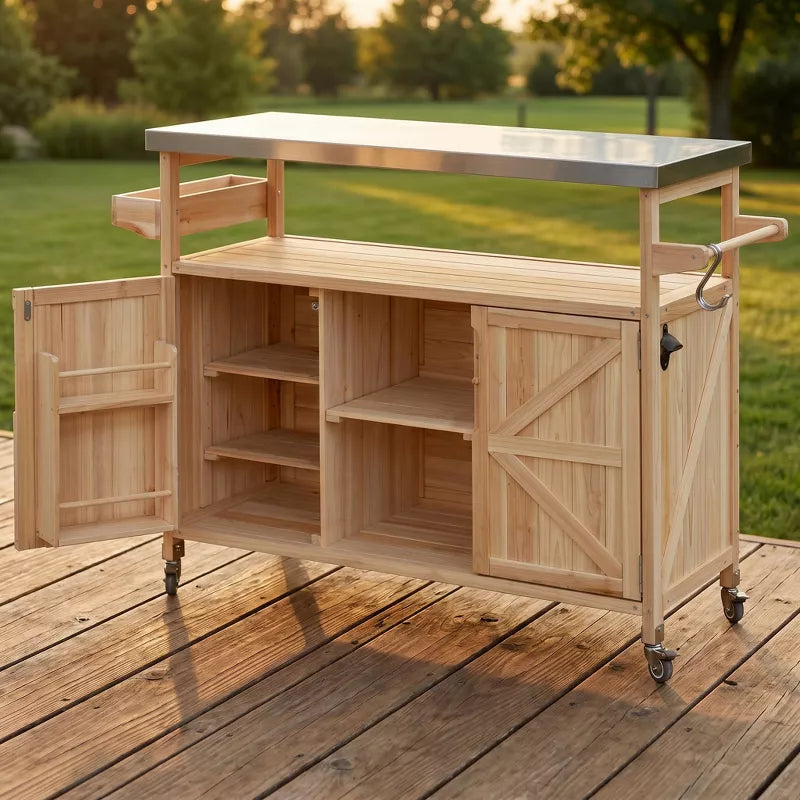 Outdoor Kitchen Island Stainless Steel Grill Prep Table BBQ Cart with Wheels