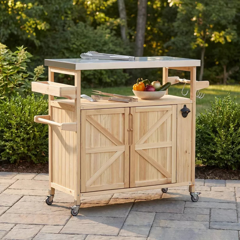 Outdoor Kitchen Island Stainless Steel Grill Prep Table BBQ Cart with Wheels