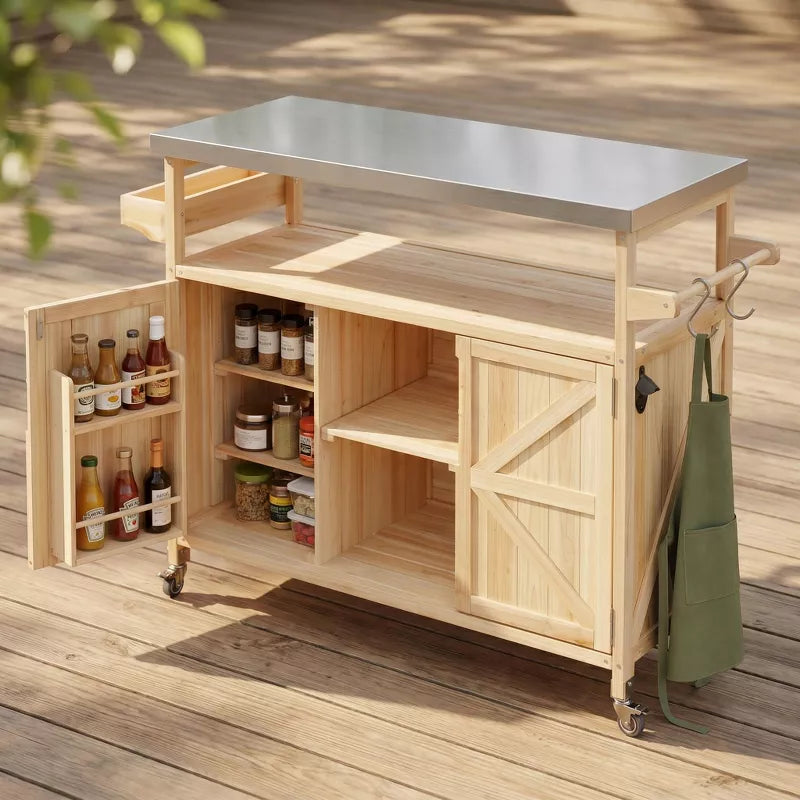 Outdoor Kitchen Island Stainless Steel Grill Prep Table BBQ Cart with Wheels