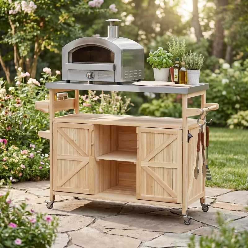 Outdoor Kitchen Island Stainless Steel Grill Prep Table BBQ Cart with Wheels