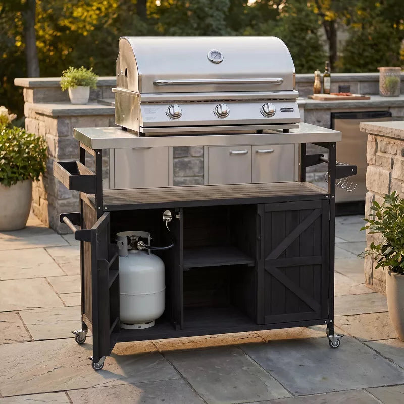 Outdoor Kitchen Island Stainless Steel Grill Prep Table BBQ Cart with Wheels